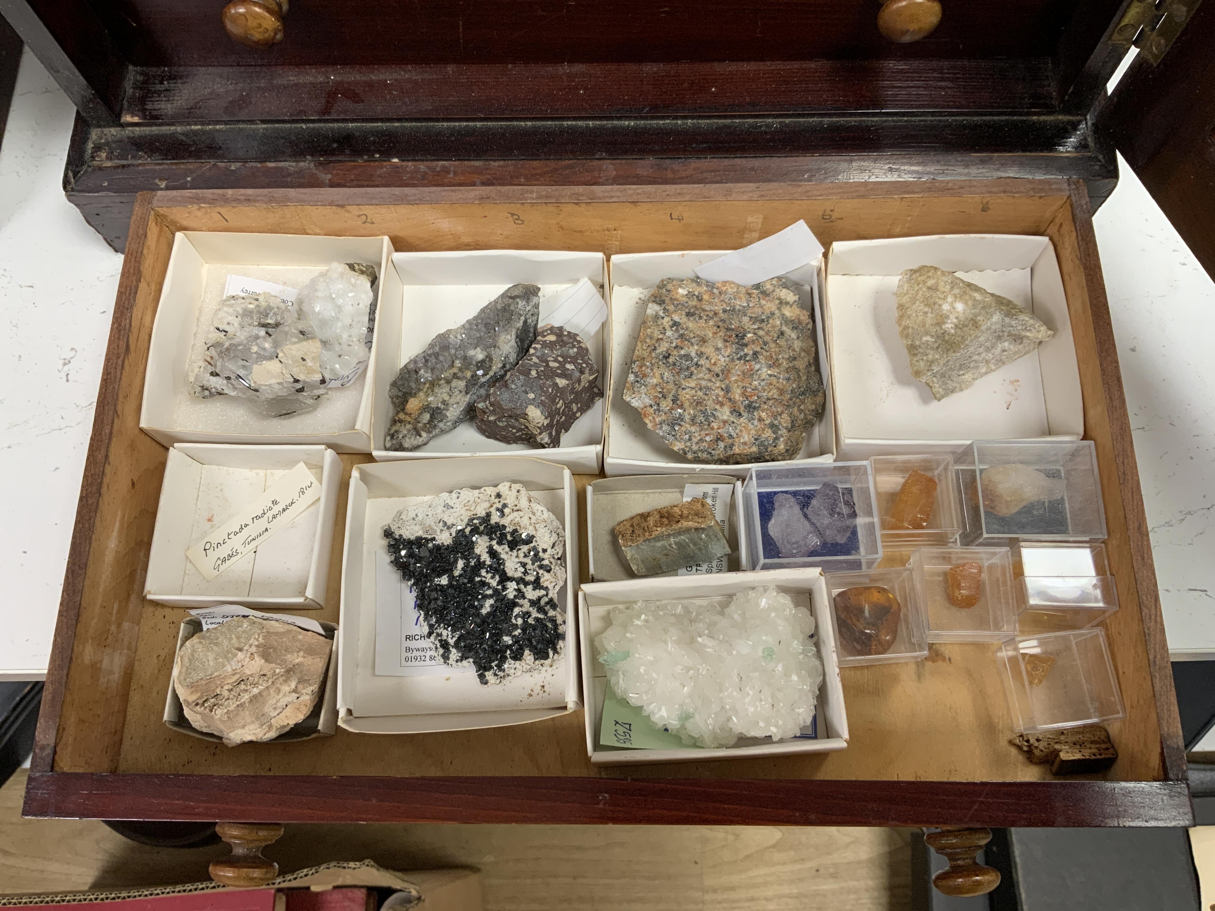 An early twentieth century six drawer pine collector’s cabinet of mineral and crystal samples including; Amber and insects in amber, Baryteson Calcite, Aplite, Nodular Rhyolite, Desert Roses, etc. many specimens with lab